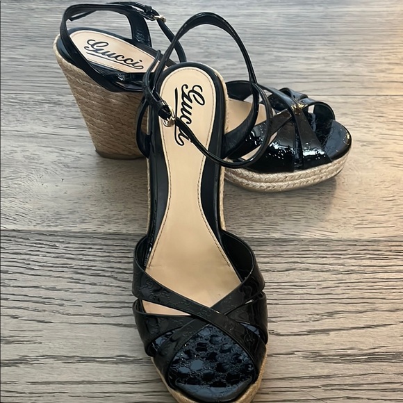 Gucci Shoes - Gucci Microguccissima Black Patent logo Leather Espadrille Wedges